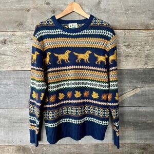 Kiel James Patrick Mens Dog Fair Isle Sweater M Navy Cozy Cabin Wool Blend Crew